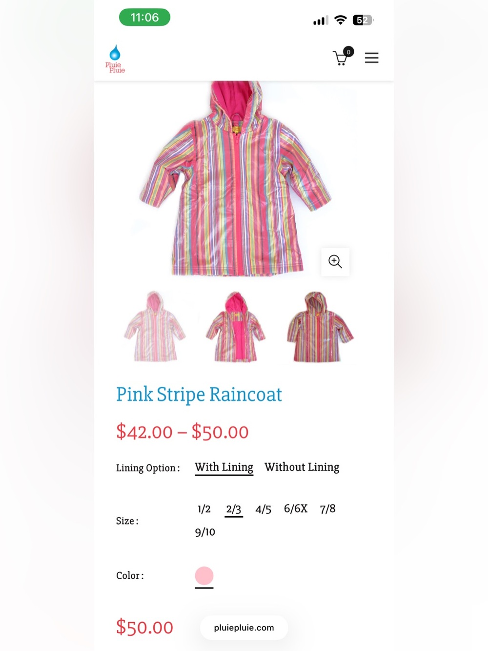 NWT 2T/3T Pink Stripe Kids Raincoat with Hood